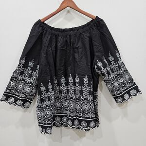 Talbots Womens Eyelet Top 3XL Black Off The Shoulder Embroidered Boho Whimsygoth